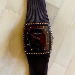 Skagen steel mesh adjustable strap with crystals.